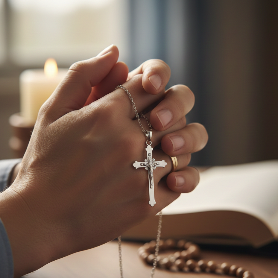 Hand holding a cross pendant with a blurred background of a candle and book